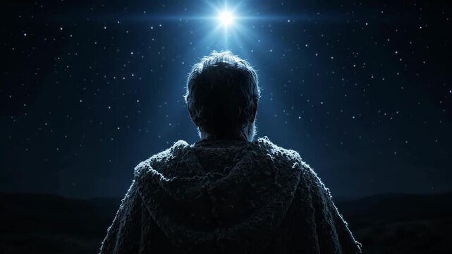 man in rustic robe looking at bright shining star in dark night sky. biblical nativity scene, shepherd seeking guidance. christmas religion concept. church presentation, spiritual background