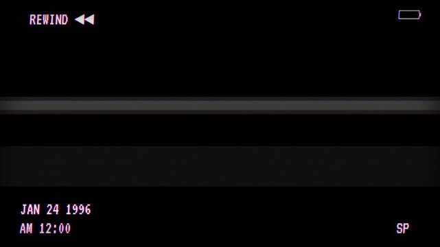 Old analog television monitor rewind symbol fast tracking UI text overlay seamless loop 4k black