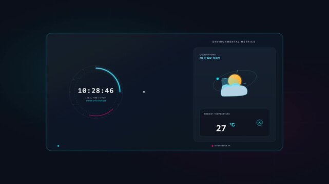 Modern digital dashboard interface featuring a minimalist clock timer and weather forecast data visualization with a sleek dark mode aesthetic