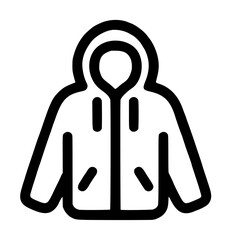 Detailed hand-traced vector icon depicting a hooded rain jacket in black and white line art, perfect for outdoor gear, waterproof clothing, weather protection illustrations, minimalist design concept © Biplobkumar