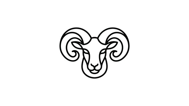 Symmetrical ram head with curved horns line art logo.