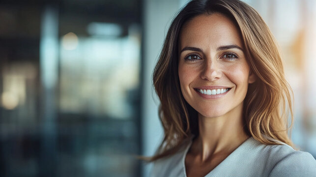 Tight close-up portrait of a confident female business leader in a modern office, natural smile, soft window light, authentic skin texture, professional leadership and career conce