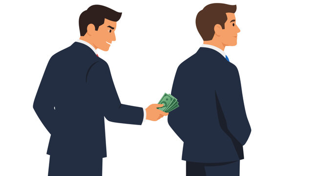 A scheming businessman in a dark suit passes a secret fan of green cash banknotes behind his back to a waiting colleague in this corporate bribery and corruption vector illustration