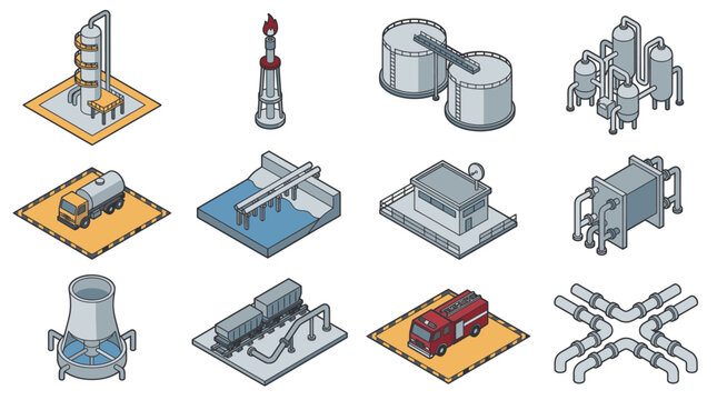 Industrial Isometric Illustrations Showcasing Various Equipment Distillation Column Flame Torch Storage Tanks Chemical Reactors Trucks Piping Systems and Fire Truck