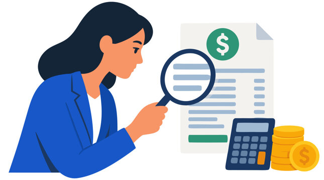 A focused female auditor inspects an invoice statement using a handheld magnifying glass beside a desk calculator and gold dollar coins in this financial auditing vector illustration