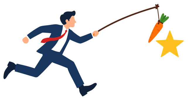 A frantic businessman in a dark blue suit runs forward chasing a dangling orange carrot and an elusive golden star on a stick in this corporate incentive reward vector illustration