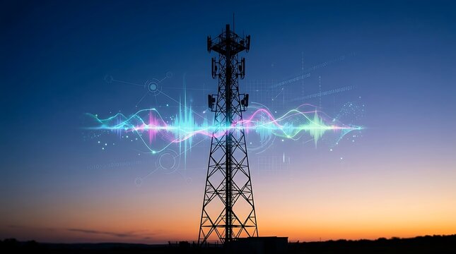 Telecommunications tower with digital signal waves at sunset