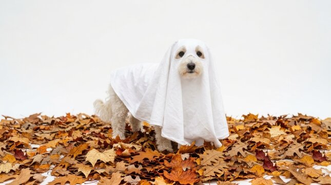 Cute dog wearing a ghost costume made from a white sheet, standing on autumn leaves, isolated on white background
