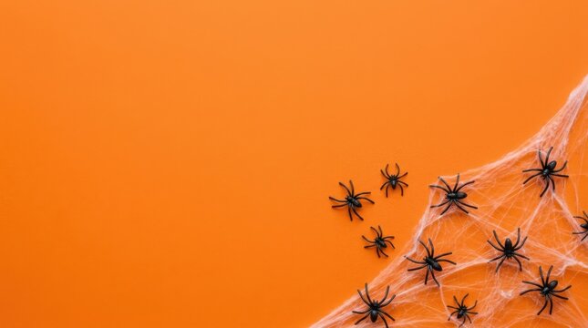 Top view of plastic spiders on a spider web against an orange background