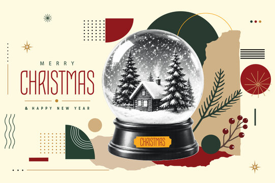 Halftone Snow Globe with Cabin and Pine Trees for Merry Christmas, Happy New Year Typography. Elegant Winter Holiday Greeting Card in Retro Pop Art Style with Berries