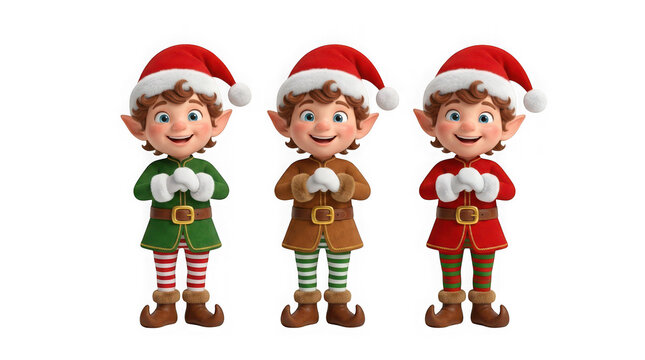 Three cute christmas elves in colorful outfits and santa hats isolated on transparent background