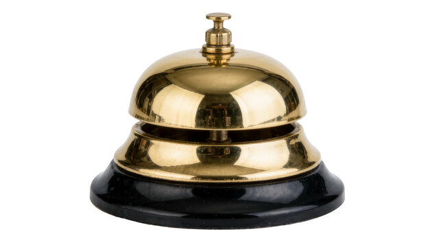 Polished brass hotel reception bell with black base, isolated on transparent background