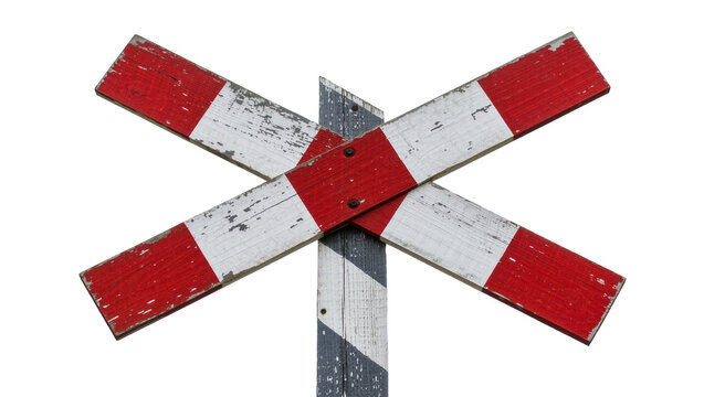 Weathered red and white striped railroad crossing sign, isolated on transparent background