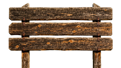 Rustic weathered wooden signpost with three horizontal planks, isolated on transparent background © James