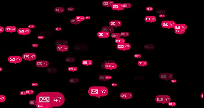 Red message notification icons appear and spread across a black background while unread message counters continuously increase.