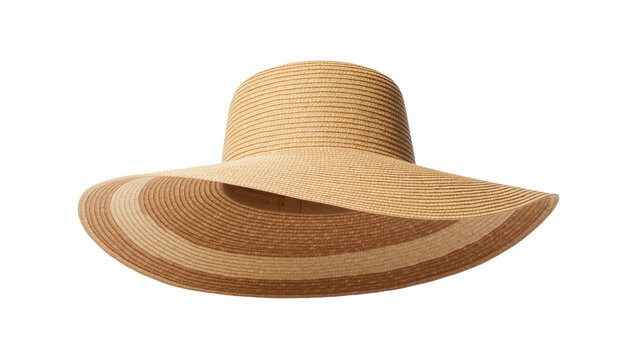 Wide brimmed straw sun hat with horizontal stripes, isolated on transparent background