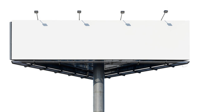 Large blank billboard with metal frame and spotlights, isolated on transparent background