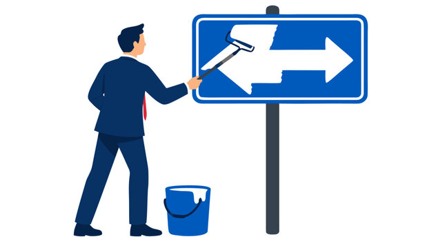 Businessman with a paint roller repainting a blue road sign to reverse the white directional arrow from left to right, business strategy pivot redirection vector illustration scene