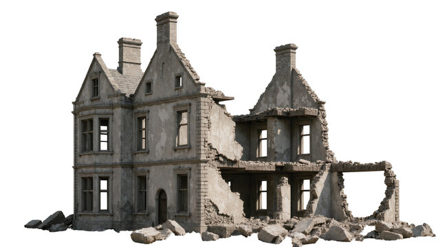 Dilapidated stone mansion with broken windows and crumbling walls, isolated on transparent background