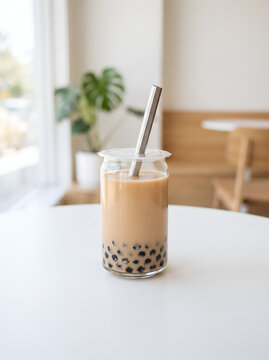 Fresh Brown Sugar Boba Milk Tea in Glass Can Cup on Cafe Wooden Table