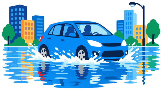 Blue passenger hatchback automobile splashing through deep floodwater on an urban street with city skyline buildings and streetlights, flash flood weather modern vector illustration