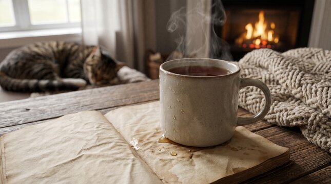 Steaming mug of tea with an open book by a cozy fireplace and a sleeping cat