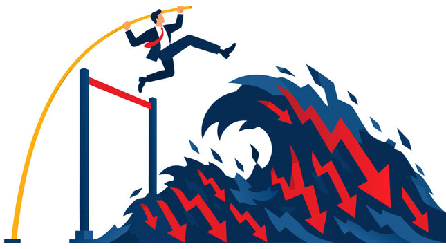 A businessman uses a pole vault to leap over a red hurdle high above a stormy cresting wave filled with declining red arrows, overcoming financial downturn concept in flat vector design