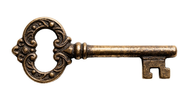 Antique ornate brass skeleton key with decorative bow, isolated on transparent background