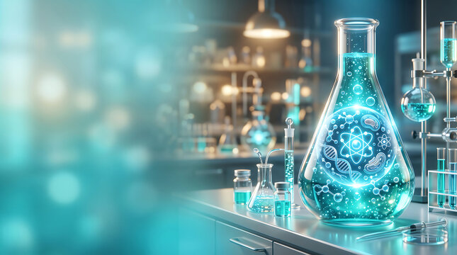 Biotechnology and medical research concept with glowing Erlenmeyer flask containing DNA atom cell and molecule symbols filled with blue liquid in modern science laboratory