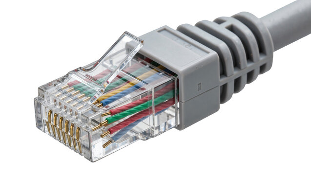 Close-up of a gray Ethernet cable connector with colorful wires, isolated on transparent background