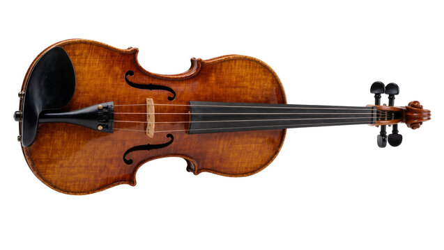 Antique wooden violin with ebony fingerboard and tailpiece, isolated on transparent background