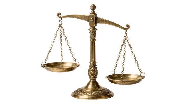 Antique brass balance scale with ornate details, isolated on transparent background