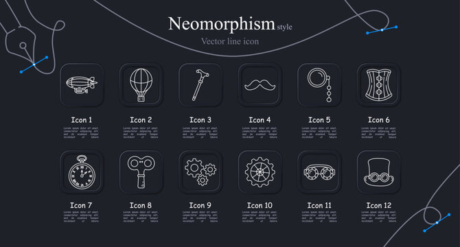 Steampunk set icon. Ship floats air. Balloon rises sky. Stick forms cane. Hair grows mustache. Chain holds monocle. Cloth forms corset. Face shows watch. Key winds clock. Cogs mesh gears. Wheel