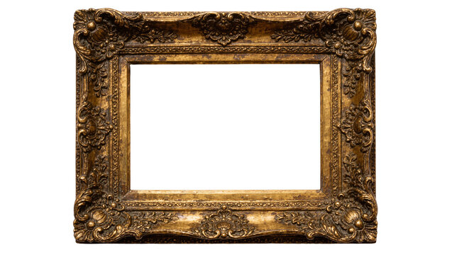 Ornate antique gold baroque picture frame detailed carvings, isolated on transparent background