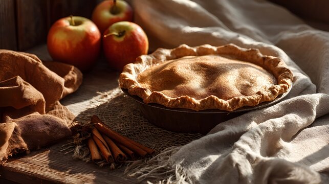 Warm homemade apple pie cooling on a rustic wooden table with cinnamon sticks