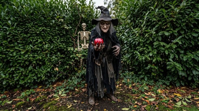 Scary witch figure in tattered black robes holding a red apple with a skeleton standing in the background near green bushes, halloween outdoor decoration