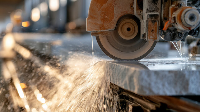 Water cutting tool operates on stone in a workshop during the day while sparks and droplets fly in multiple directions