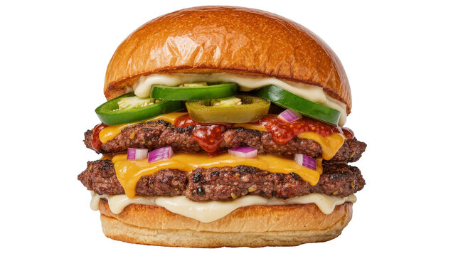 Juicy double beef patty burger with melted cheese jalapenos and red onion, isolated on transparent background