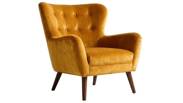 Tufted mustard velvet armchair with dark wooden legs, isolated on transparent background