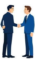 Fototapeta premium Smiling businessman shaking hands with a colleague while concealing a sharp knife behind his back, corporate betrayal and deceit concept vector illustration on plain white background