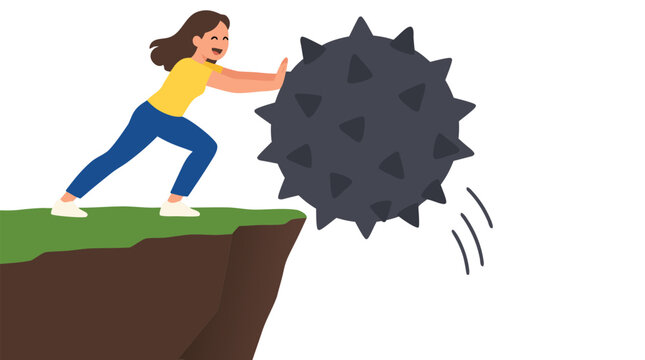 Joyful woman in yellow shirt pushing a giant dark spiky stress ball off a grassy cliff edge to get rid of anxiety, mental health and relief vector illustration over solid white backdrop