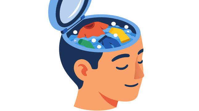 Human head profile with an open washing machine lid top cleaning colorful clothes in swirling soapy water bubbles, mental hygiene and brainwashing concept flat vector illustration on white