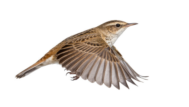 Small brown bird with striped plumage in flight, isolated on transparent background