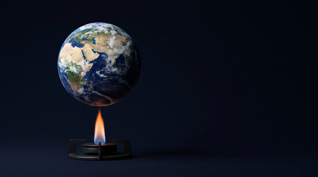 Earth globe balanced above a small flame on a dark background, representing global warming, climate crisis, rising temperatures, environmental risk and urgent action.