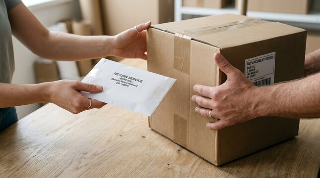 Hands exchanging a package and return label during a daytime delivery at a workshop table