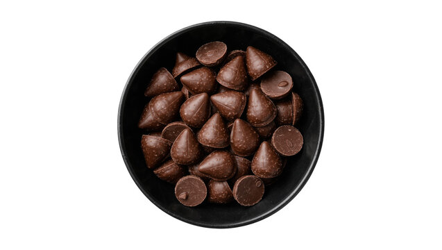 Dark chocolate chips in a black bowl, isolated on transparent background