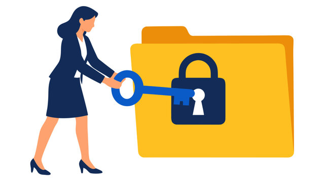 Focused businesswoman in navy skirt suit inserting large blue key into heavy dark padlock on giant yellow document folder in flat vector illustration representing confidential access