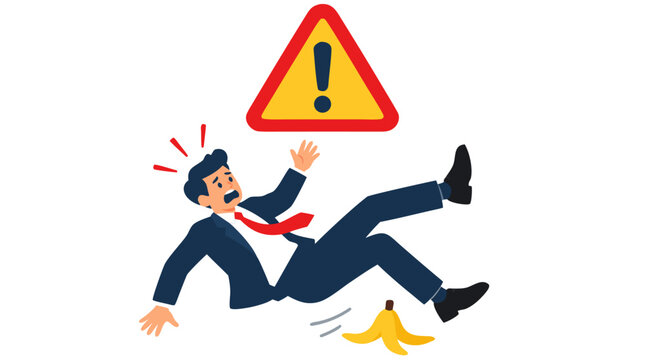 Startled businessman slipping backward on yellow banana peel beneath large triangular caution hazard warning sign in dynamic flat vector illustration showing business risk and danger