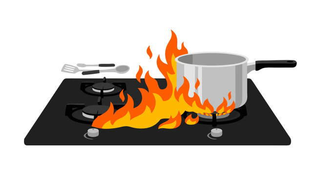 Vibrant orange and yellow fire flames flaring and spreading across domestic kitchen stove beside metal boiling pot in clean flat vector illustration showing household cooking hazard and danger