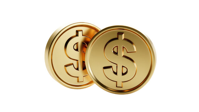 Two shiny golden dollar coins with embossed dollar signs, isolated on transparent background